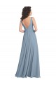 Bleu poussiéreux Trapèze Col V Mousseline Longue Robes demoiselle d'honneur à Bas Prix