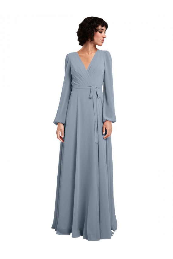Bleu poussiéreux Trapèze Col V Mousseline Longue Robes demoiselle d'honneur à Bas Prix