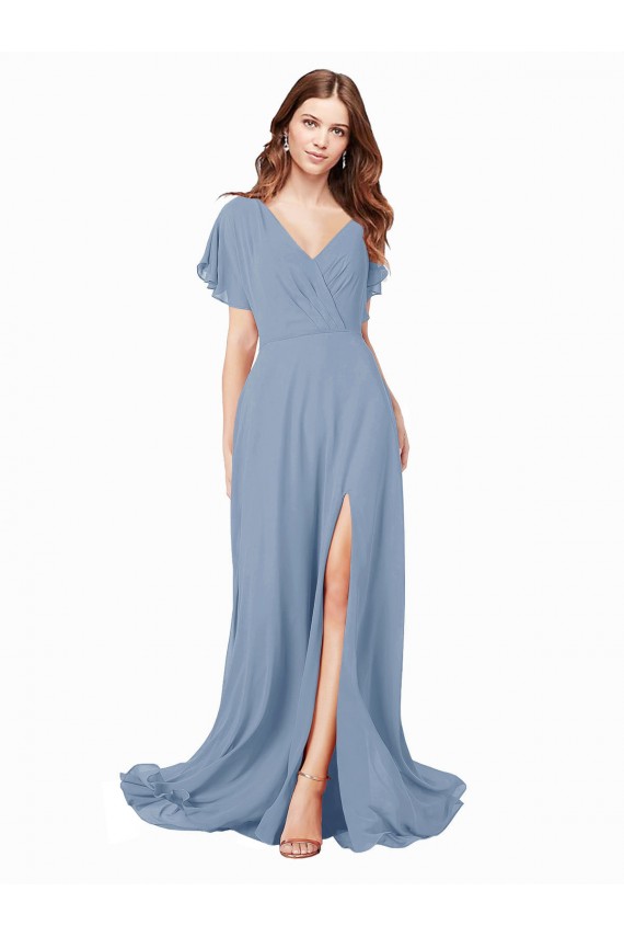 Bleu poussiéreux Trapèze Col V Mousseline Longue Robes demoiselle d'honneur / Robes de bal à Bas Prix