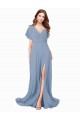 Bleu poussiéreux Trapèze Col V Mousseline Longue Robes demoiselle d'honneur / Robes de bal à Bas Prix