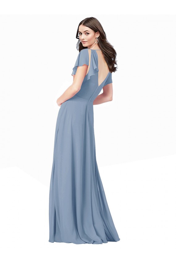 Bleu poussiéreux Trapèze Col V Mousseline Longue Robes demoiselle d'honneur / Robes de bal à Bas Prix