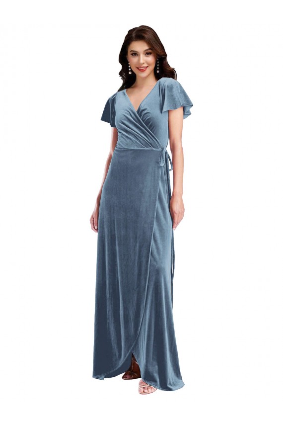 Bleu poussiéreux Trapèze Col V Velours Stretch Longue Robes demoiselle d'honneur / Robes de bal à Bas Prix