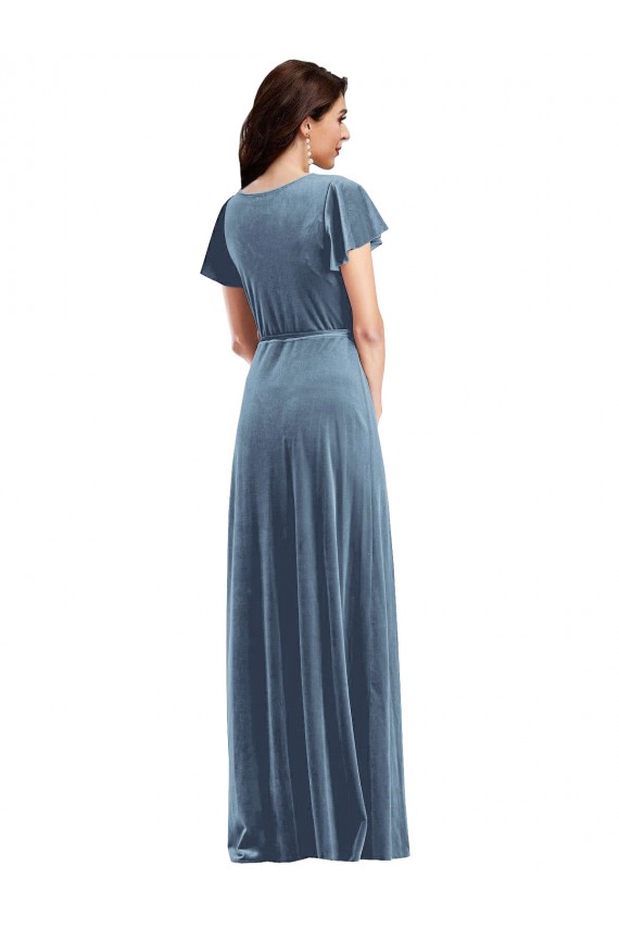 Bleu poussiéreux Trapèze Col V Velours Stretch Longue Robes demoiselle d'honneur / Robes de bal à Bas Prix