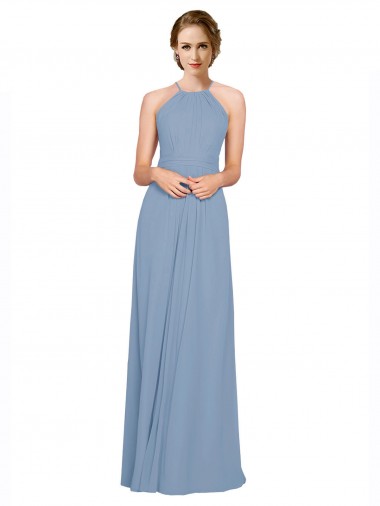 Bleu poussiéreux Trapèze Licou Col Haut Mousseline Longue Robes demoiselle d'honneur à Bas Prix