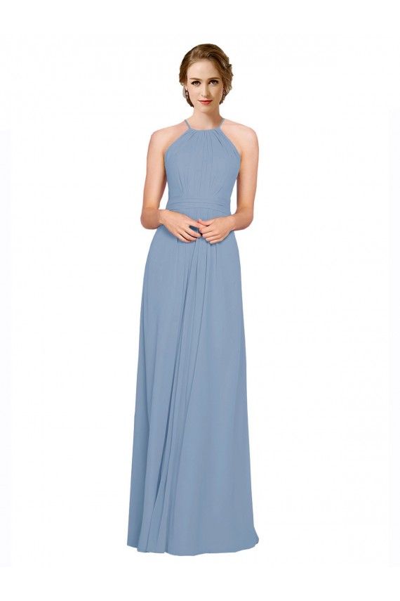 Bleu poussiéreux Trapèze Licou Col Haut Mousseline Longue Robes demoiselle d'honneur à Bas Prix