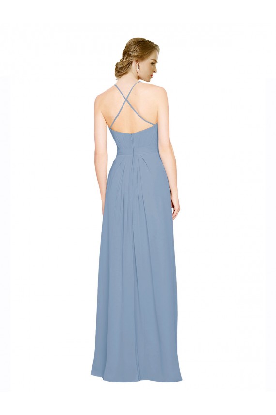 Bleu poussiéreux Trapèze Licou Col Haut Mousseline Longue Robes demoiselle d'honneur à Bas Prix