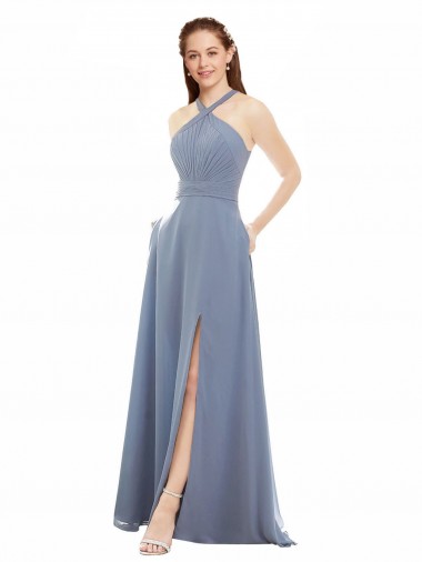 Bleu poussiéreux Trapèze Licou Col Haut Mousseline Longue Robes demoiselle d'honneur à Bas Prix