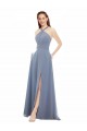 Bleu poussiéreux Trapèze Licou Col Haut Mousseline Longue Robes demoiselle d'honneur à Bas Prix