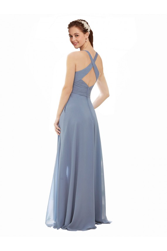 Bleu poussiéreux Trapèze Licou Col Haut Mousseline Longue Robes demoiselle d'honneur à Bas Prix