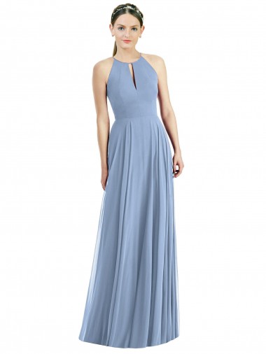 Bleu poussiéreux Trapèze Licou Mousseline Longue Robes demoiselle d'honneur à Bas Prix