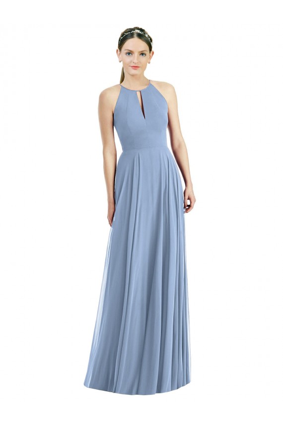 Bleu poussiéreux Trapèze Licou Mousseline Longue Robes demoiselle d'honneur à Bas Prix