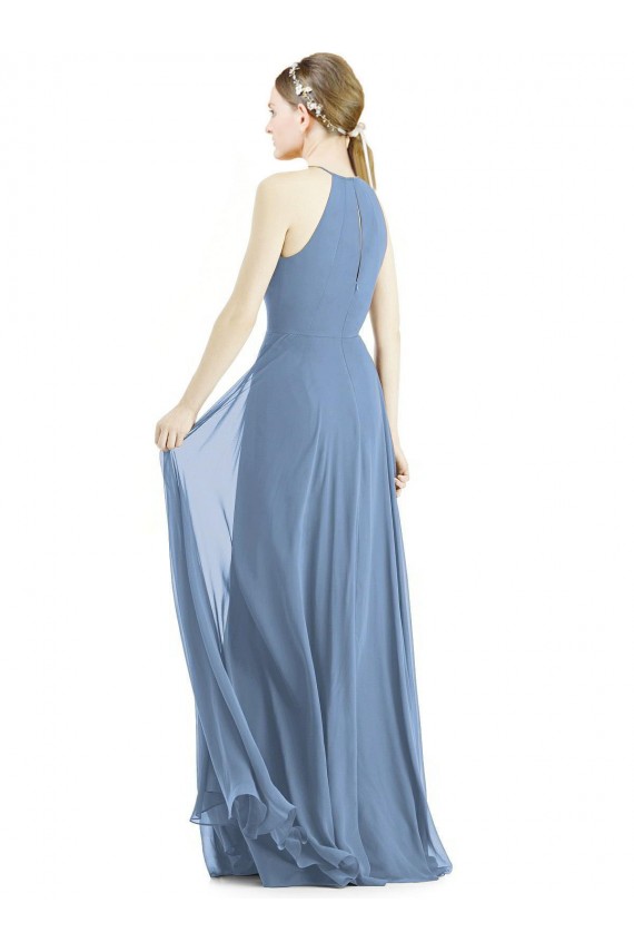 Bleu poussiéreux Trapèze Licou Mousseline Longue Robes demoiselle d'honneur à Bas Prix