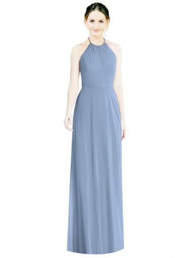 Bleu poussiéreux Trapèze Licou Mousseline Longue Robes demoiselle d'honneur à Bas Prix