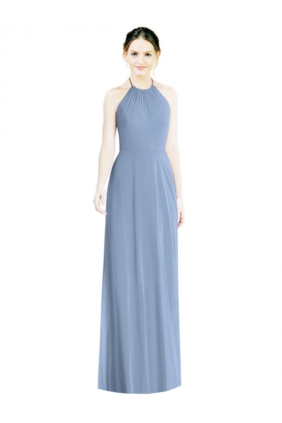 Bleu poussiéreux Trapèze Licou Mousseline Longue Robes demoiselle d'honneur à Bas Prix