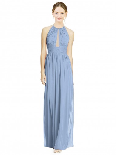 Bleu poussiéreux Trapèze Licou Mousseline Longue Robes demoiselle d'honneur à Bas Prix