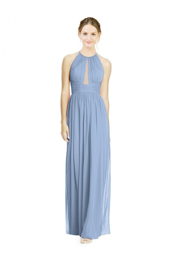 Bleu poussiéreux Trapèze Licou Mousseline Longue Robes demoiselle d'honneur à Bas Prix