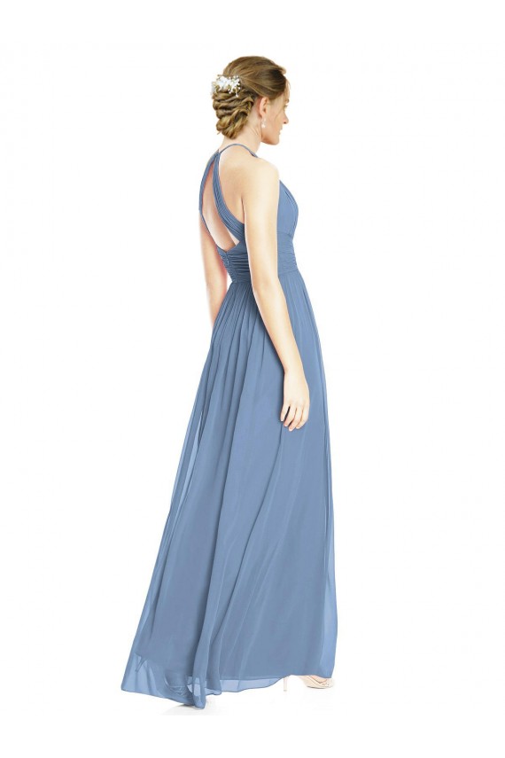 Bleu poussiéreux Trapèze Licou Mousseline Longue Robes demoiselle d'honneur à Bas Prix