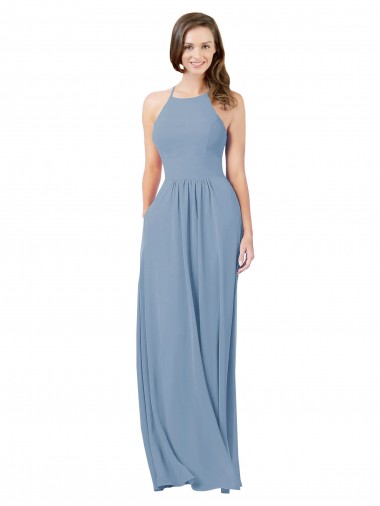 Bleu poussiéreux Trapèze Licou Mousseline Longue Robes demoiselle d'honneur à Bas Prix