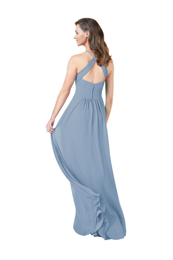 Bleu poussiéreux Trapèze Licou Mousseline Longue Robes demoiselle d'honneur à Bas Prix