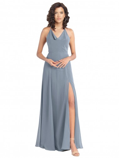 Bleu poussiéreux Trapèze Licou Mousseline Longue Robes demoiselle d'honneur à Bas Prix