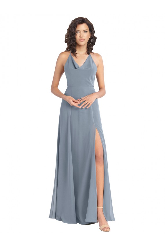 Bleu poussiéreux Trapèze Licou Mousseline Longue Robes demoiselle d'honneur à Bas Prix