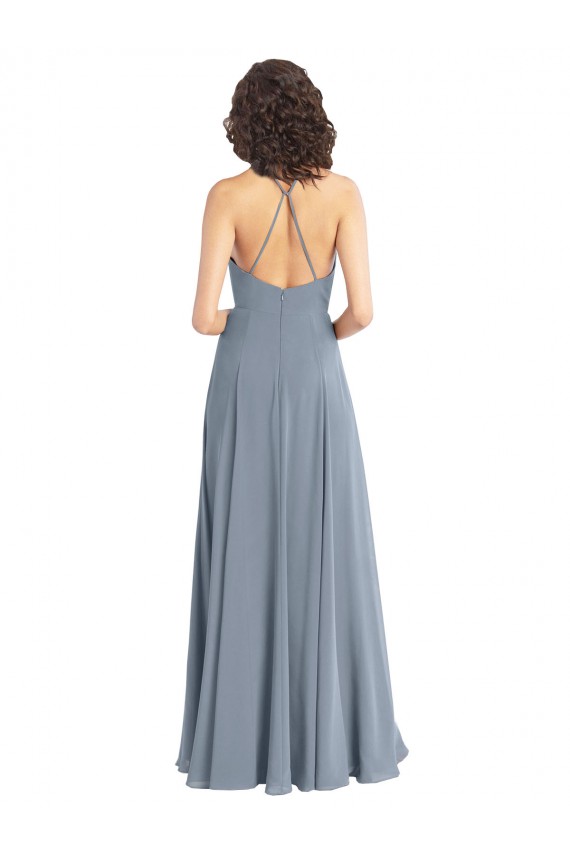 Bleu poussiéreux Trapèze Licou Mousseline Longue Robes demoiselle d'honneur à Bas Prix