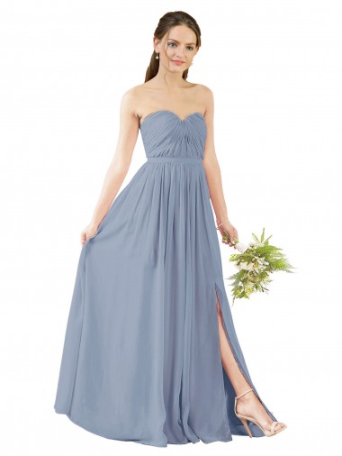 Bleu poussiéreux Trapèze Mousseline Longue Robes demoiselle d'honneur à Bas Prix