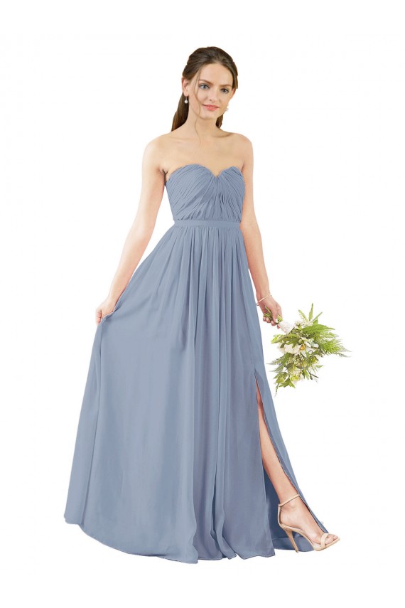 Bleu poussiéreux Trapèze Mousseline Longue Robes demoiselle d'honneur à Bas Prix