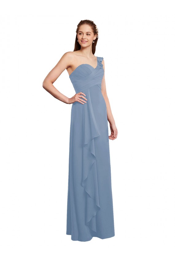 Bleu poussiéreux Trapèze Mousseline Longue Robes demoiselle d'honneur à Bas Prix