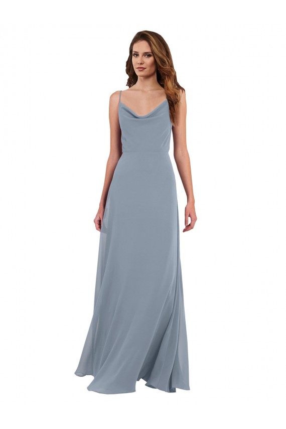 Bleu poussiéreux Trapèze Mousseline Longue Robes demoiselle d'honneur à Bas Prix