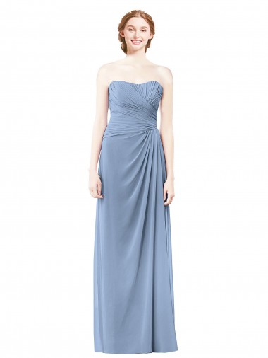 Bleu poussiéreux Trapèze Sans bretelle Mousseline Longue Robes demoiselle d'honneur à Bas Prix