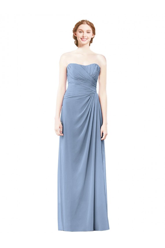 Bleu poussiéreux Trapèze Sans bretelle Mousseline Longue Robes demoiselle d'honneur à Bas Prix