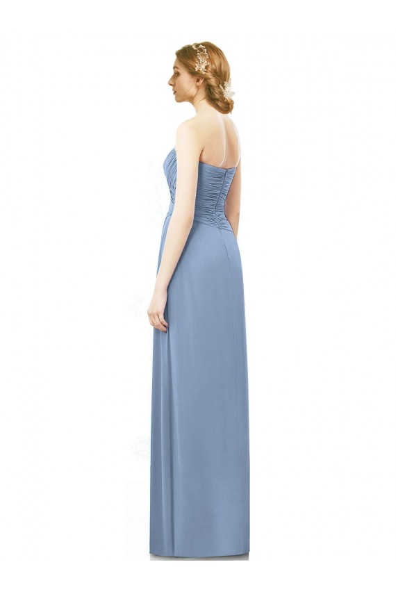 Bleu poussiéreux Trapèze Sans bretelle Mousseline Longue Robes demoiselle d'honneur à Bas Prix