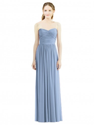 Bleu poussiéreux Trapèze Sans bretelle Mousseline Longue Robes demoiselle d'honneur à Bas Prix