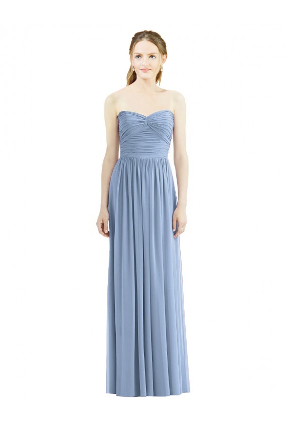 Bleu poussiéreux Trapèze Sans bretelle Mousseline Longue Robes demoiselle d'honneur à Bas Prix