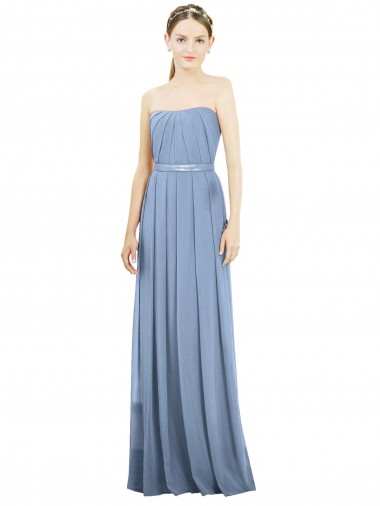 Bleu poussiéreux Trapèze Sans bretelle Mousseline Longue Robes demoiselle d'honneur à Bas Prix