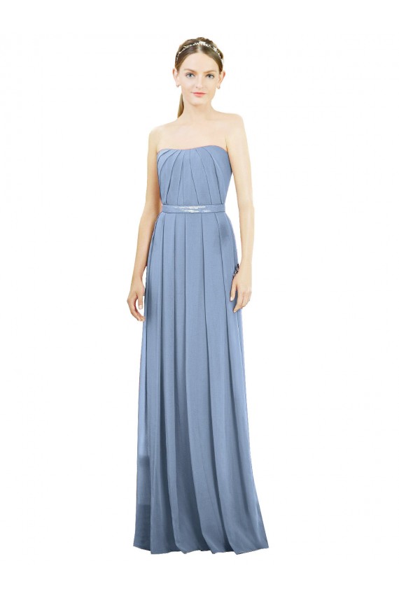 Bleu poussiéreux Trapèze Sans bretelle Mousseline Longue Robes demoiselle d'honneur à Bas Prix