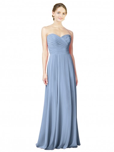 Bleu poussiéreux Trapèze Sans bretelle Mousseline Longue Robes demoiselle d'honneur à Bas Prix