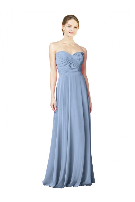 Bleu poussiéreux Trapèze Sans bretelle Mousseline Longue Robes demoiselle d'honneur à Bas Prix