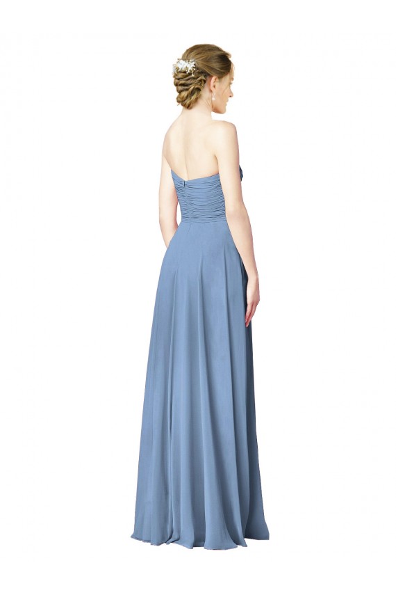 Bleu poussiéreux Trapèze Sans bretelle Mousseline Longue Robes demoiselle d'honneur à Bas Prix