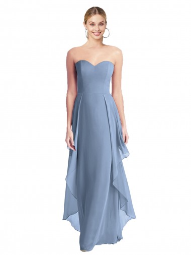 Bleu poussiéreux Trapèze Sans bretelle Mousseline Longue Robes demoiselle d'honneur à Bas Prix