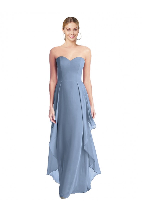 Bleu poussiéreux Trapèze Sans bretelle Mousseline Longue Robes demoiselle d'honneur à Bas Prix
