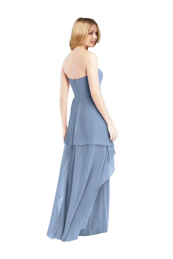 Bleu poussiéreux Trapèze Sans bretelle Mousseline Longue Robes demoiselle d'honneur à Bas Prix