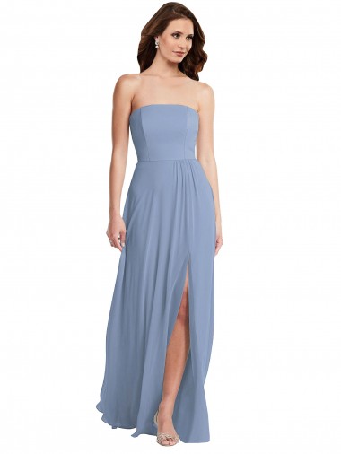 Bleu poussiéreux Trapèze Sans bretelle Mousseline Longue Robes demoiselle d'honneur à Bas Prix