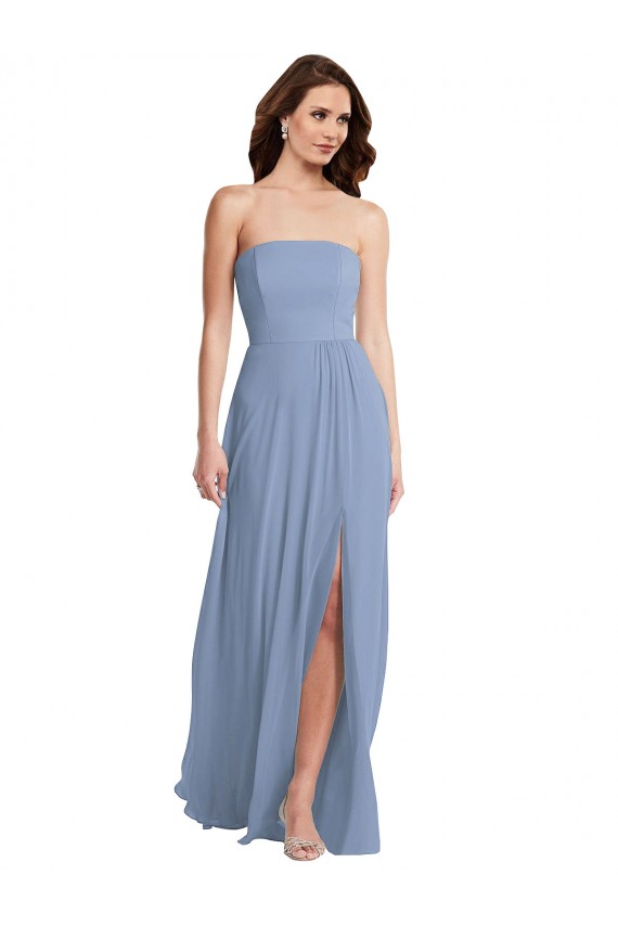 Bleu poussiéreux Trapèze Sans bretelle Mousseline Longue Robes demoiselle d'honneur à Bas Prix