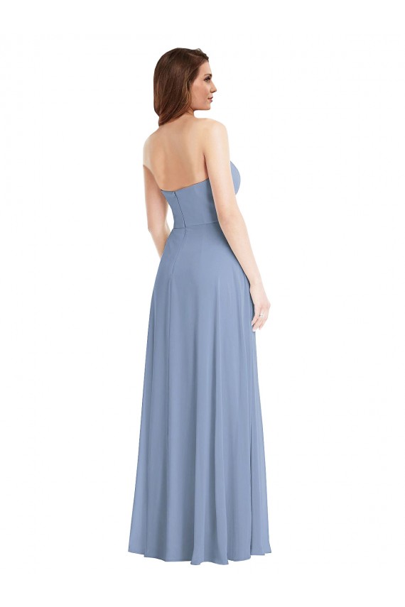 Bleu poussiéreux Trapèze Sans bretelle Mousseline Longue Robes demoiselle d'honneur à Bas Prix