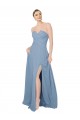 Bleu poussiéreux Trapèze Sans bretelle Mousseline Longue Robes demoiselle d'honneur à Bas Prix