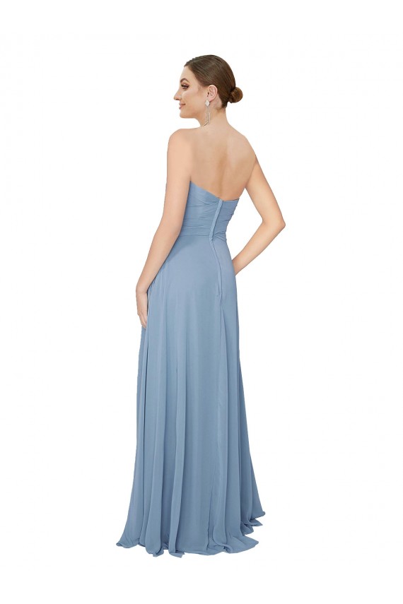 Bleu poussiéreux Trapèze Sans bretelle Mousseline Longue Robes demoiselle d'honneur à Bas Prix