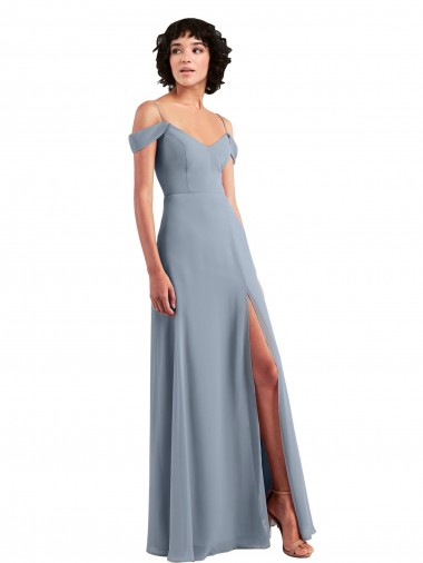 Bleu poussiéreux Trapèze Épaule Dénudée Bretelles spaghetti Mousseline Longue Robes demoiselle d'honneur à Bas Prix