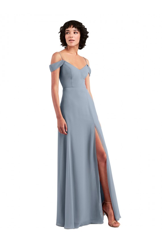 Bleu poussiéreux Trapèze Épaule Dénudée Bretelles spaghetti Mousseline Longue Robes demoiselle d'honneur à Bas Prix